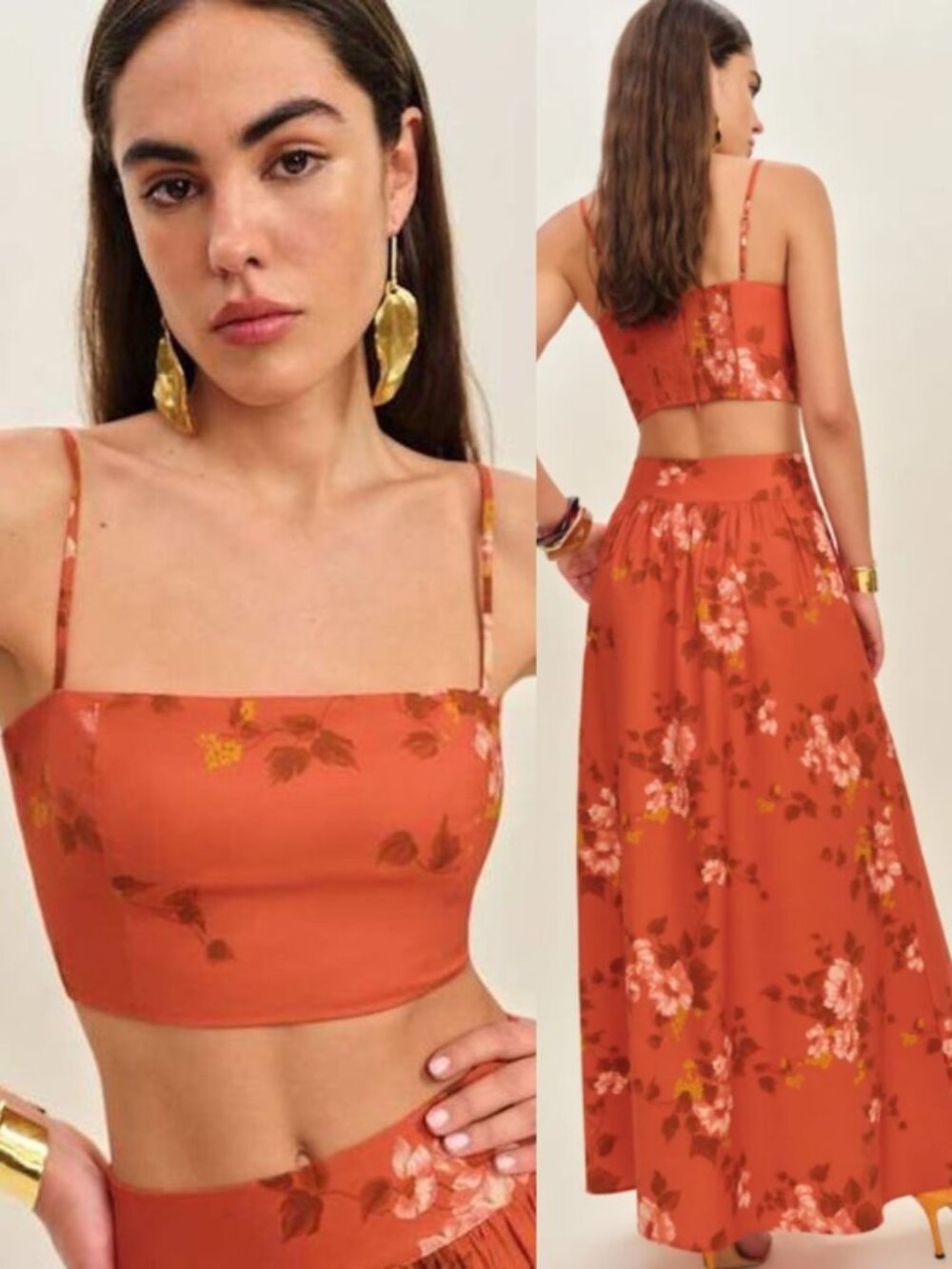 Reformation Amor Two Piece Set Coral Bloom Orange Floral Top Skirt Size 4 - Picture 2 of 13